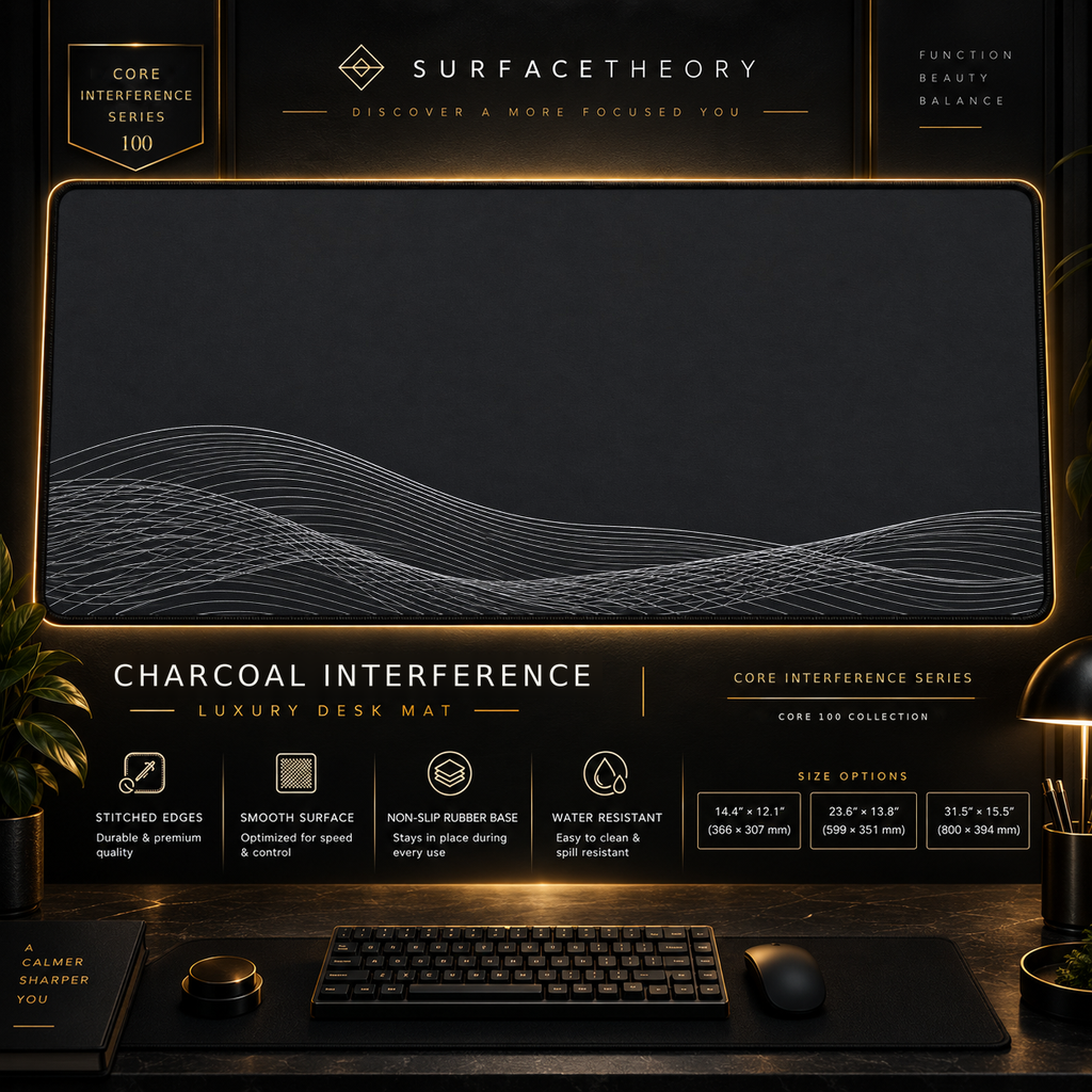Charcoal Interference desk mat in a gold-toned showcase frame above a keyboard.