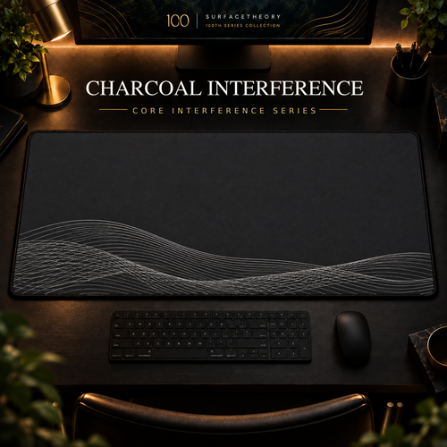 Charcoal Interference desk mat, charcoal grey with overlapping silver-grey curves along the lower edge, in a warm, dark workspace.
