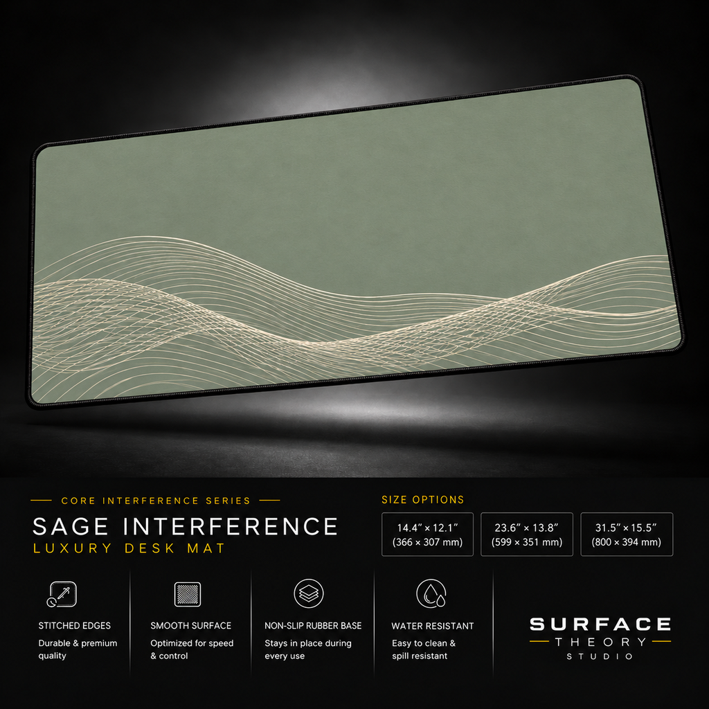 Sage Interference desk mat floating against a dark studio background.