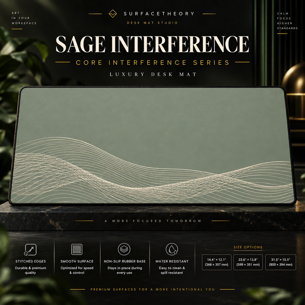 Sage Interference desk mat on a studio display with size and product information.
