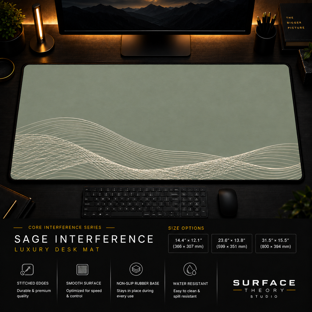 Sage Interference desk mat in a dark workstation with warm monitor lighting.