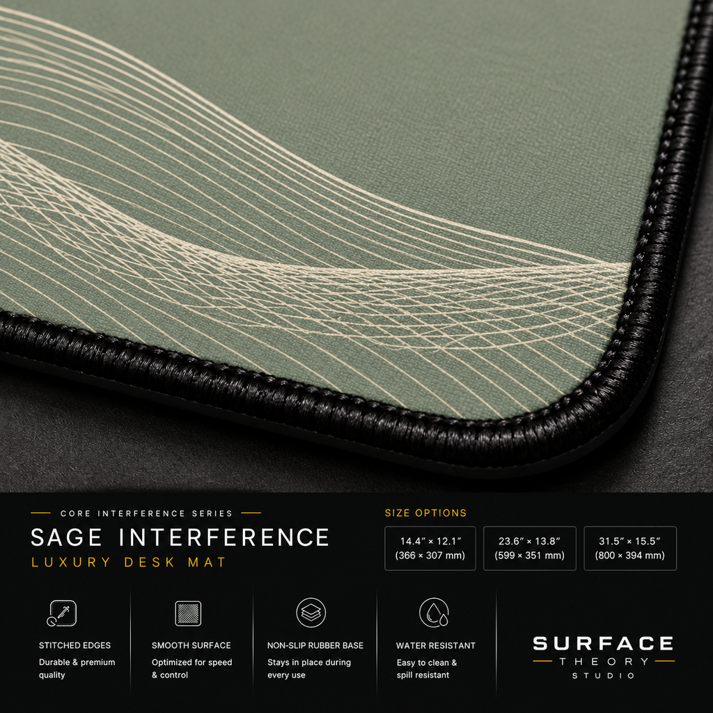 Close-up of Sage Interference printed artwork and black stitched corner.