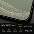 Close-up of Sage Interference printed artwork and black stitched corner.
