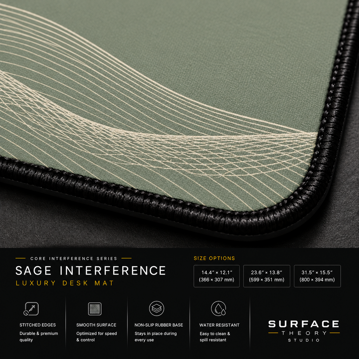 Close-up of Sage Interference printed artwork and black stitched corner.