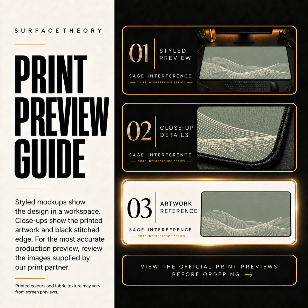 Sage Interference print preview guide showing the styled artwork, close-up and print reference.