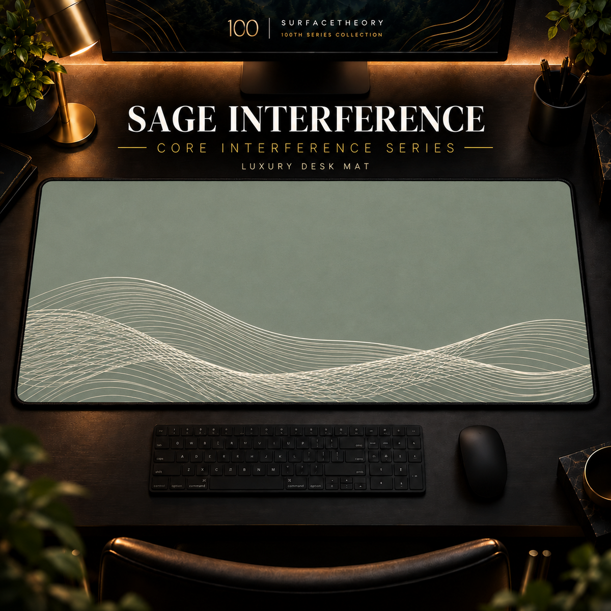 Sage Interference desk mat, muted sage green with overlapping pale cream-green curves along the lower edge, in a warm, dark workspace.