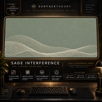Sage Interference desk mat in a gold-toned showcase frame above a keyboard.