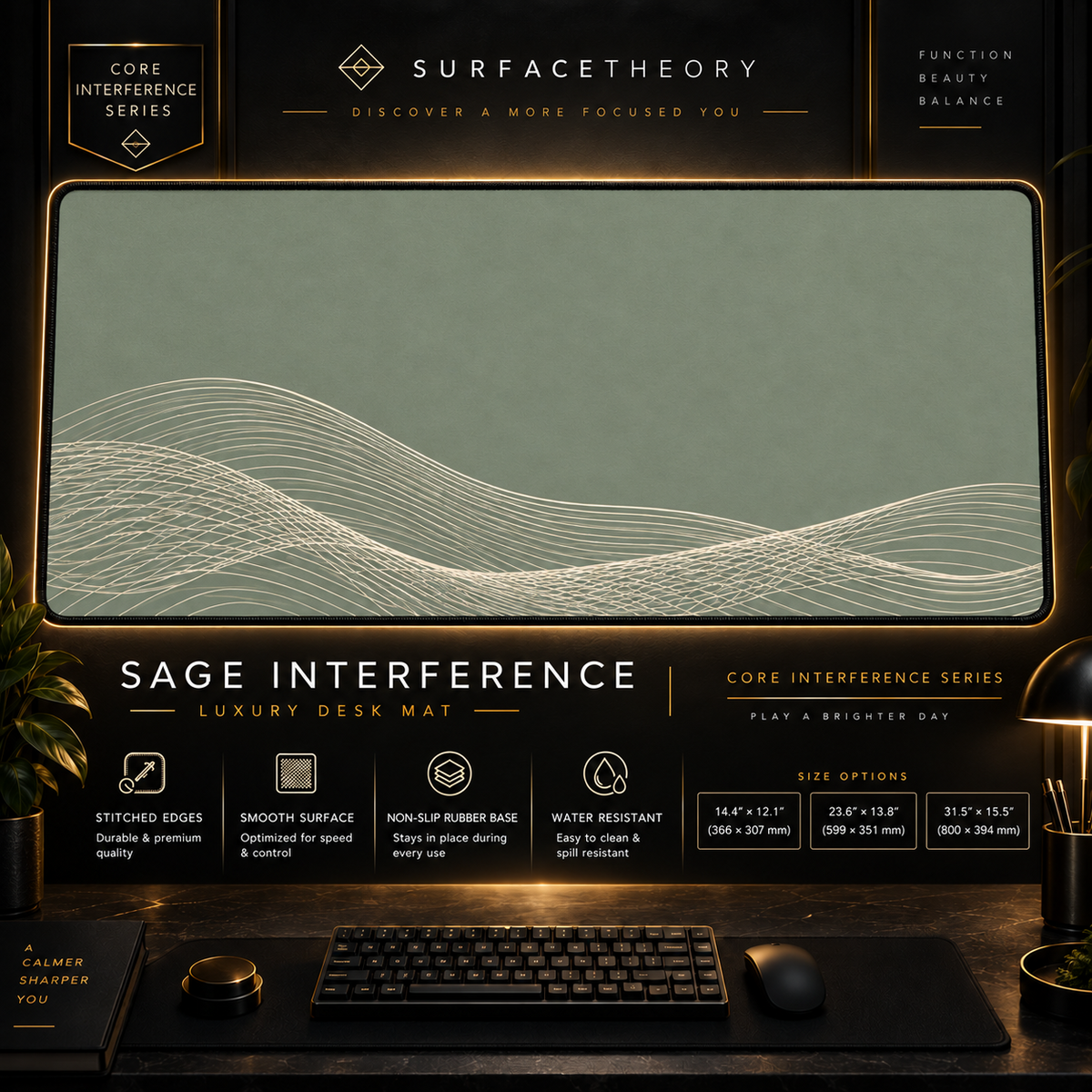 Sage Interference desk mat in a gold-toned showcase frame above a keyboard.