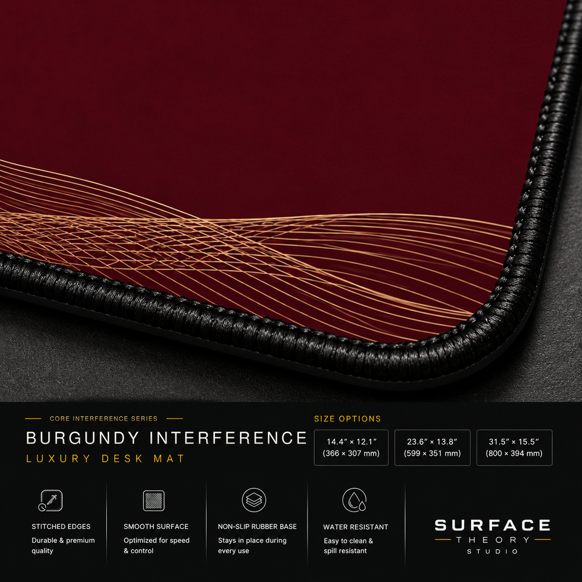 Close-up of Burgundy Interference printed artwork and black stitched corner.