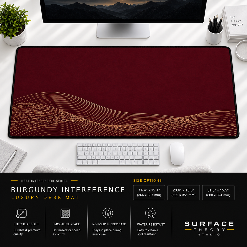 Burgundy Interference desk mat beneath a monitor on a bright desk with a white keyboard and mouse.