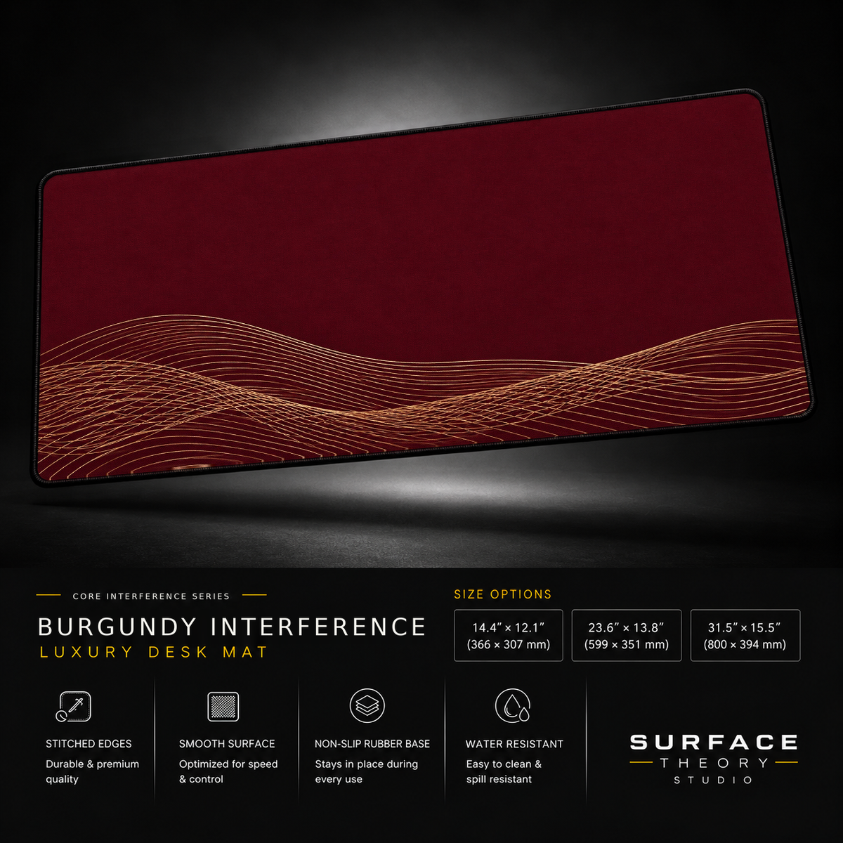 Burgundy Interference desk mat floating against a dark studio background.