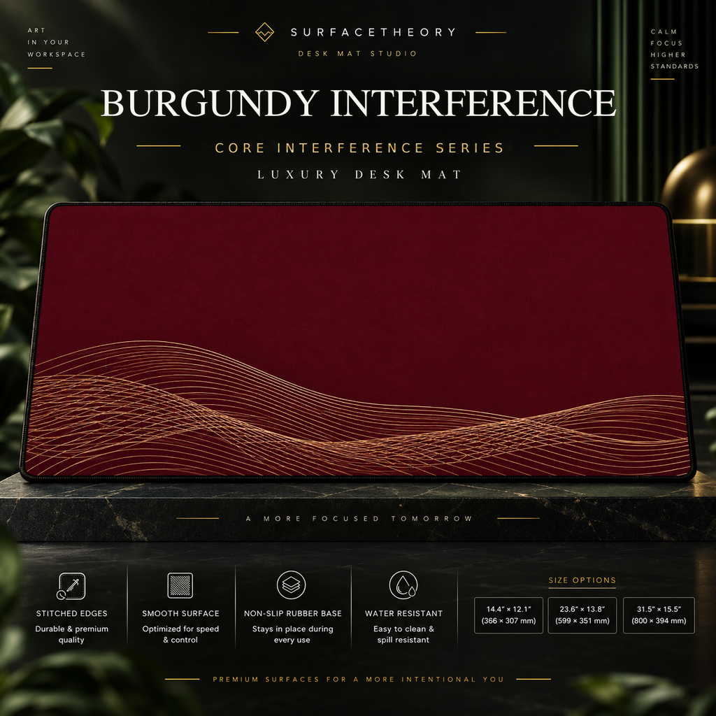 Burgundy Interference desk mat on a studio display with size and product information.