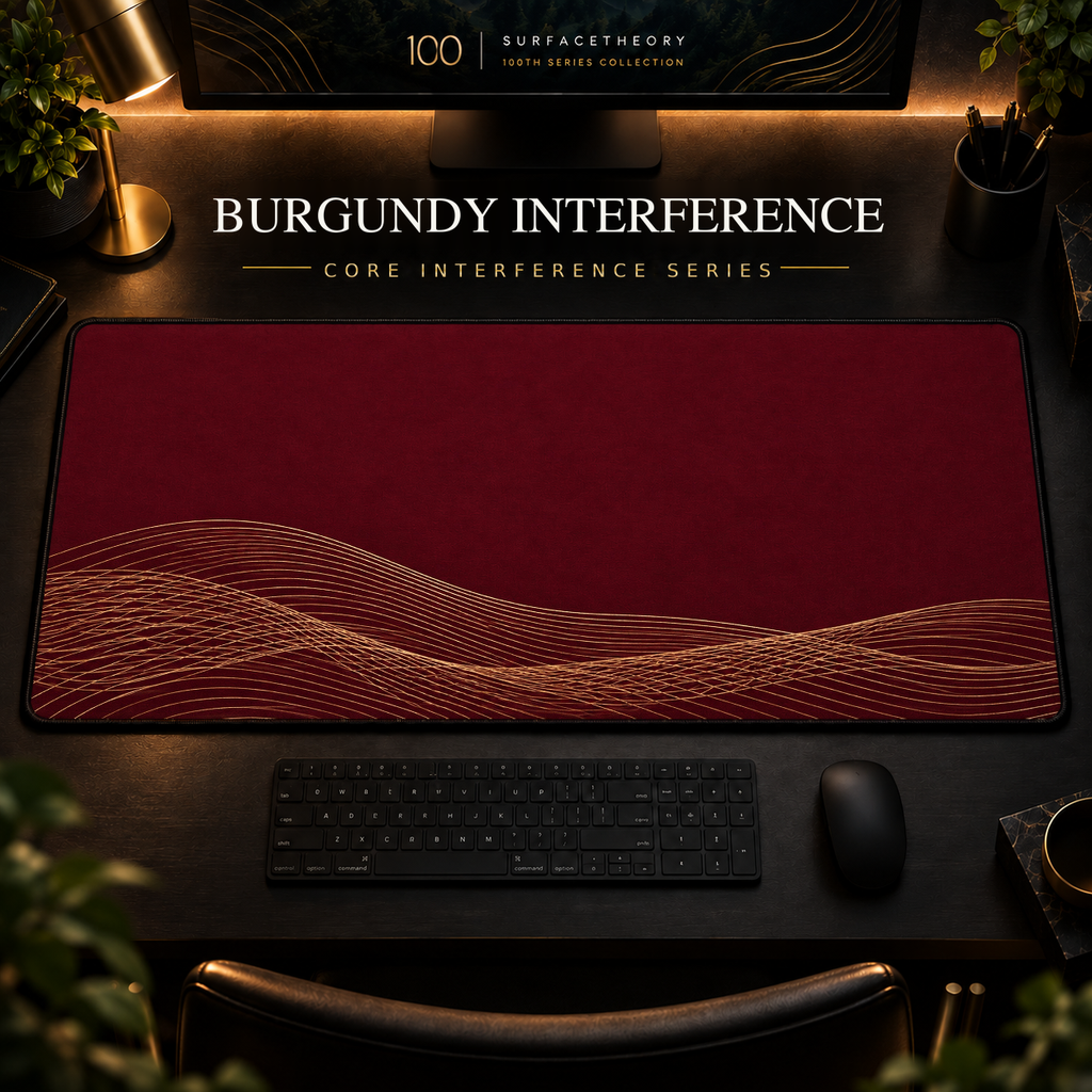 Burgundy Interference desk mat, burgundy with overlapping gold-toned curves along the lower edge, in a warm, dark workspace.