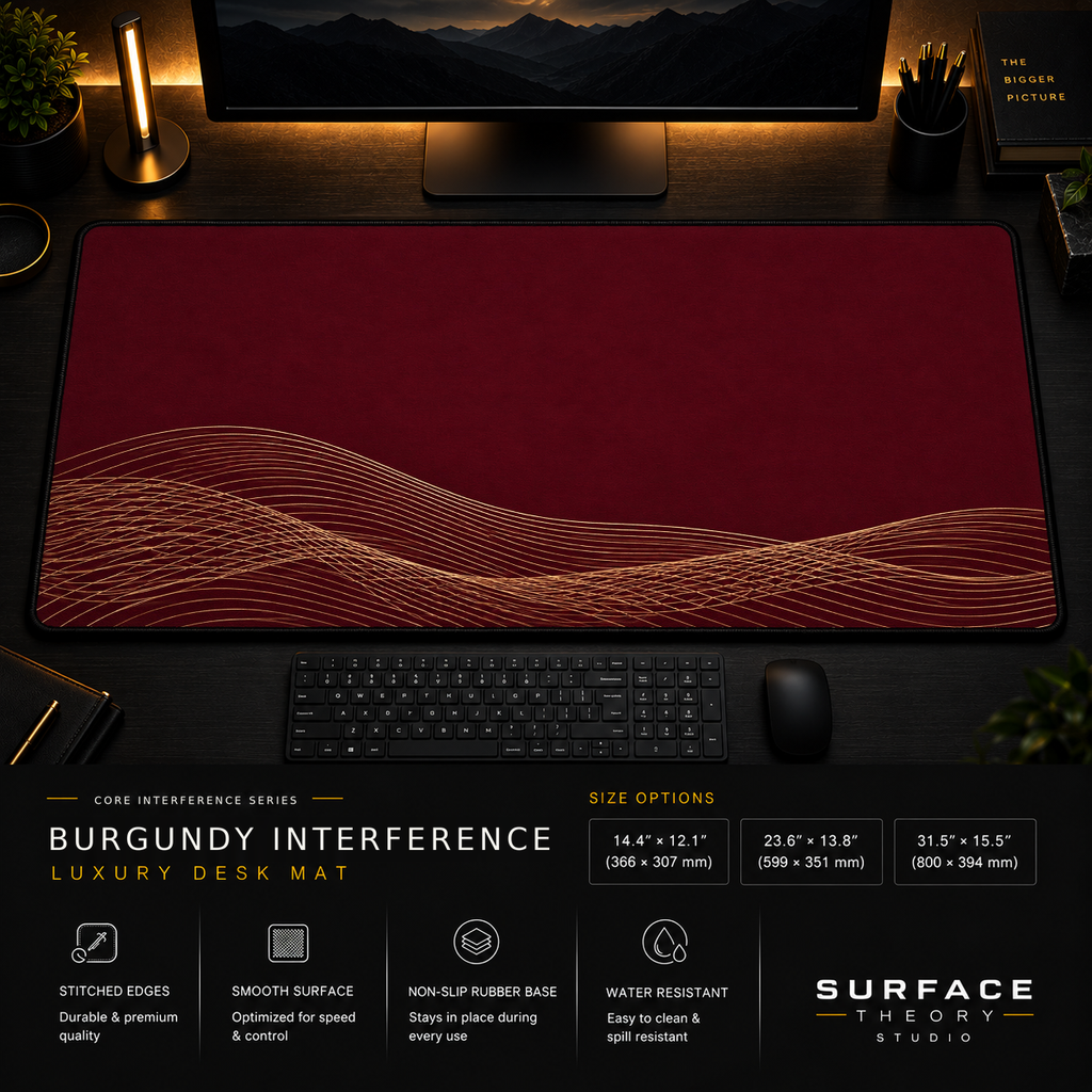 Burgundy Interference desk mat in a dark workstation with warm monitor lighting.
