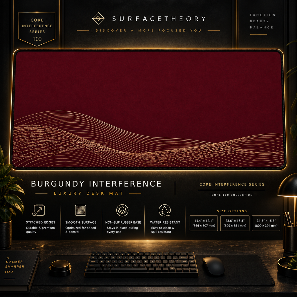 Burgundy Interference desk mat in a gold-toned showcase frame above a keyboard.