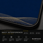Close-up of Navy Interference printed artwork and black stitched corner.