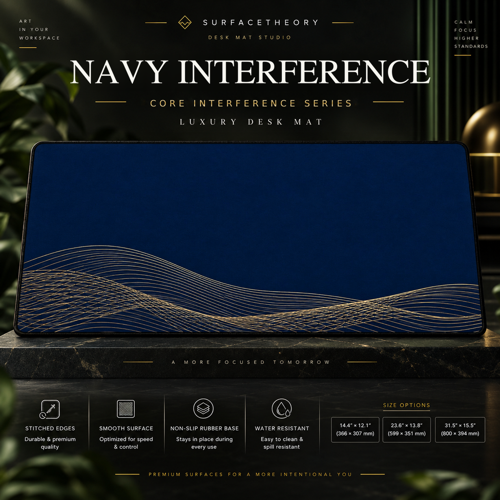 Navy Interference desk mat on a studio display with size and product information.