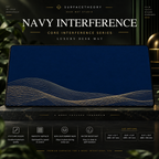 Navy Interference desk mat on a studio display with size and product information.