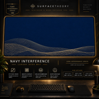 Navy Interference desk mat in a gold-toned showcase frame above a keyboard.