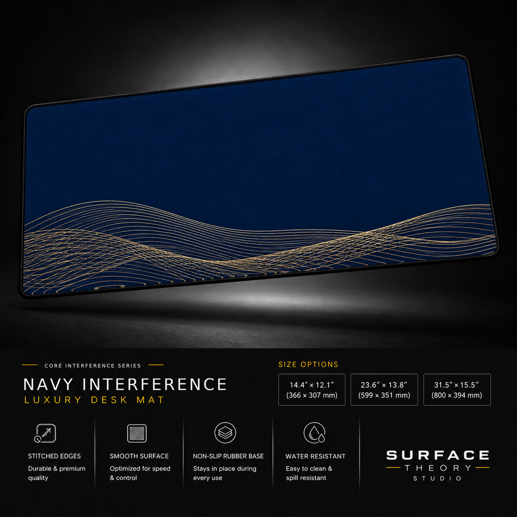 Navy Interference desk mat floating against a dark studio background.