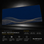 Navy Interference desk mat floating against a dark studio background.