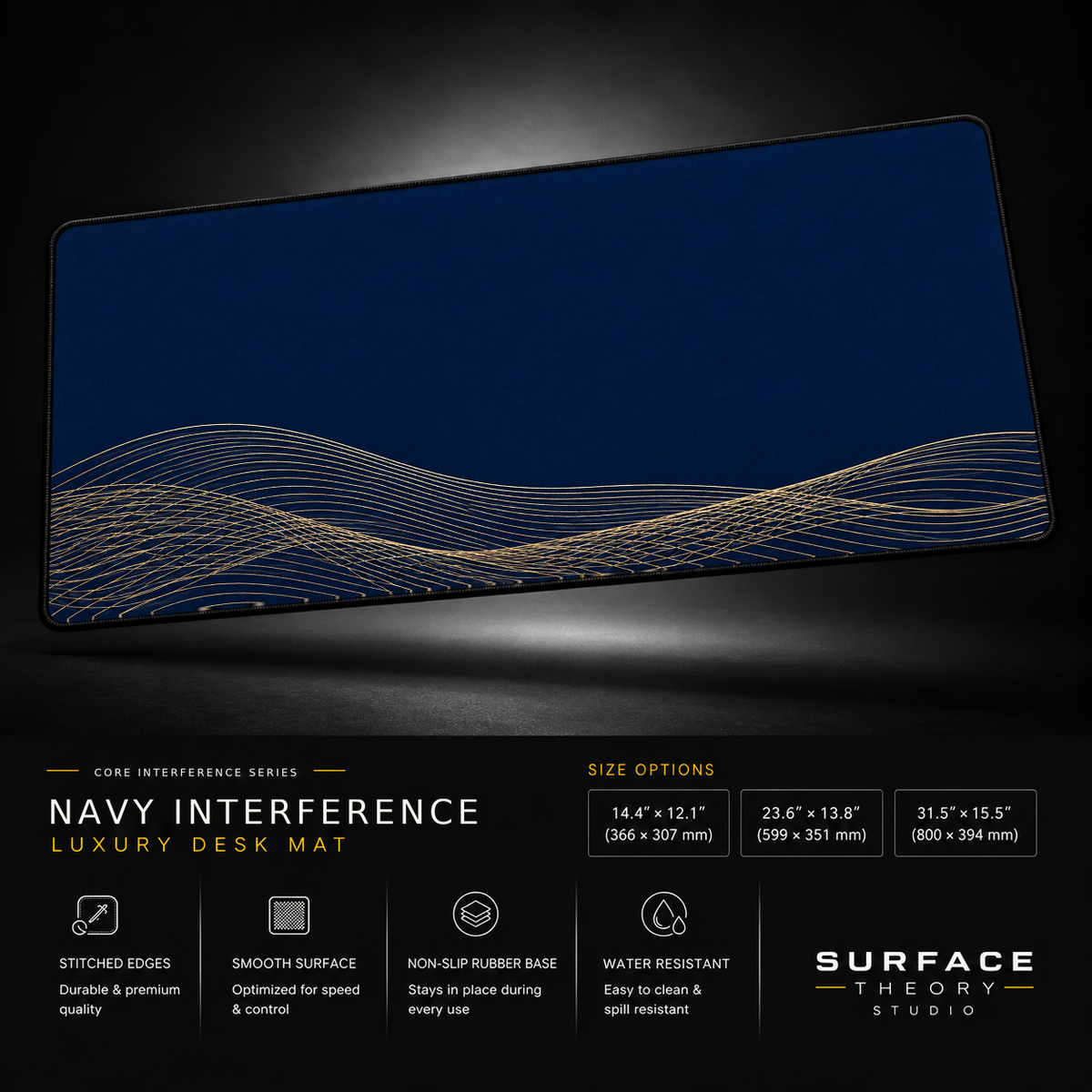 Navy Interference desk mat floating against a dark studio background.