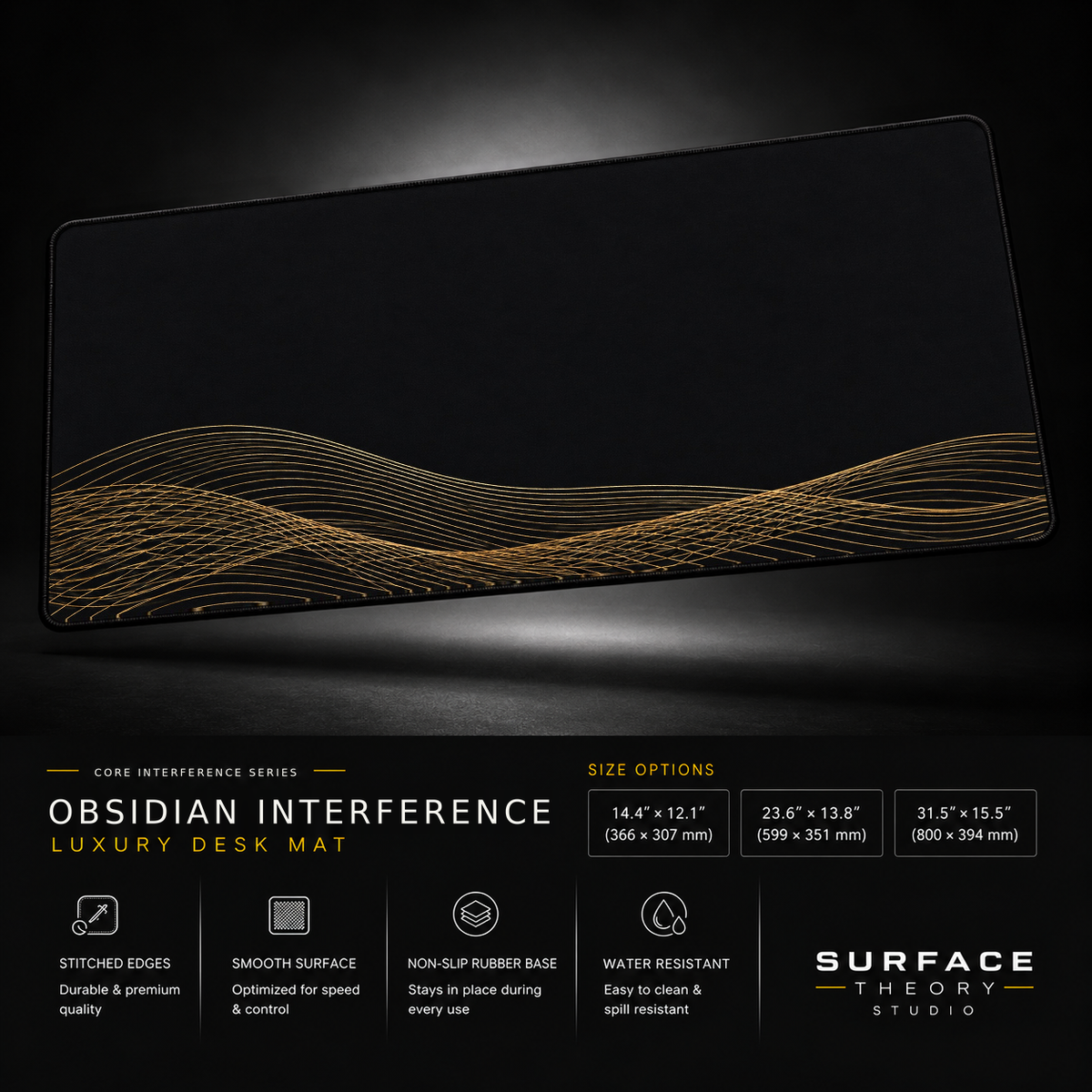 Obsidian Interference desk mat floating against a dark studio background.