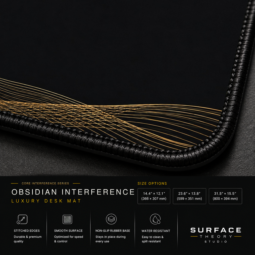 Close-up of Obsidian Interference printed artwork and black stitched corner.