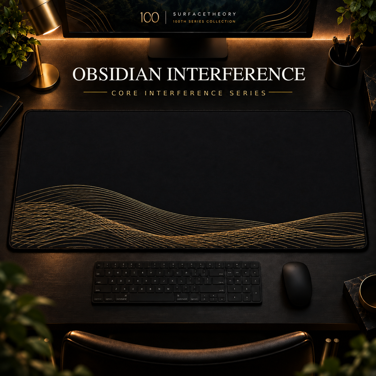 Obsidian Interference desk mat, near-black with overlapping bronze-gold curves along the lower edge, in a warm, dark workspace.