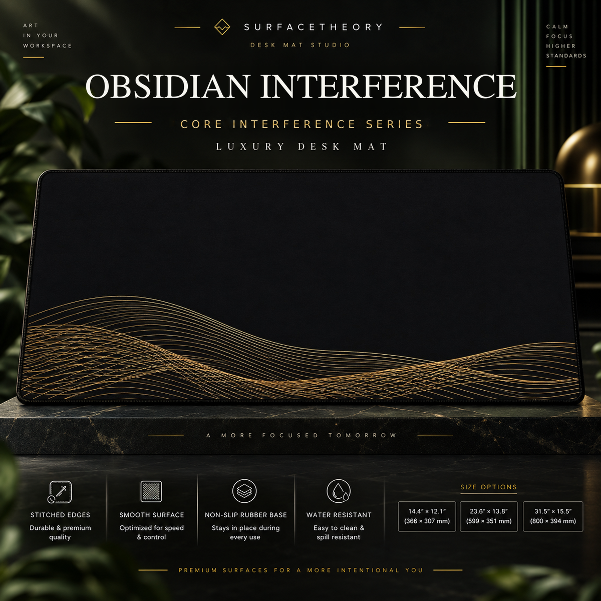 Obsidian Interference desk mat on a studio display with size and product information.