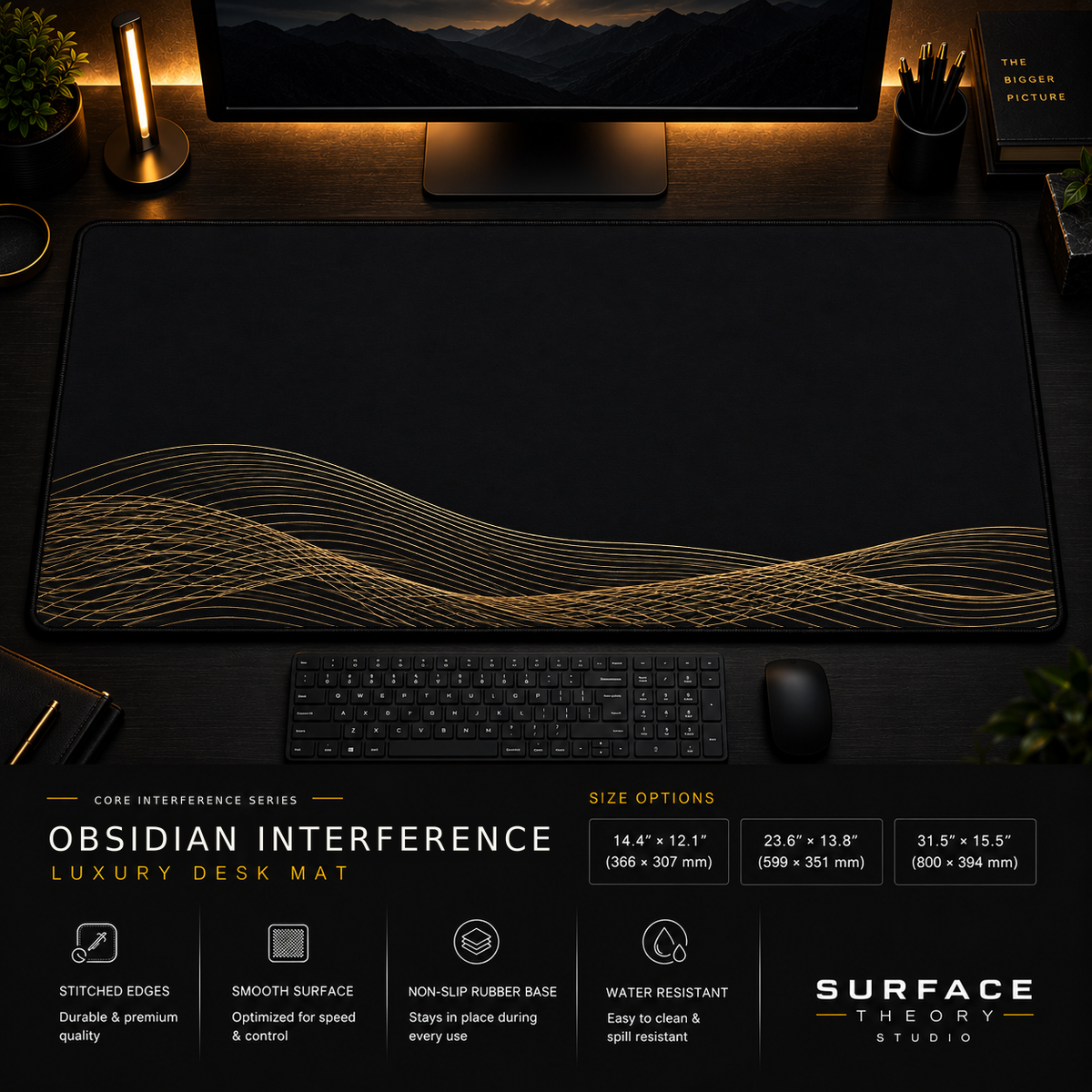 Obsidian Interference desk mat in a dark workstation with warm monitor lighting.