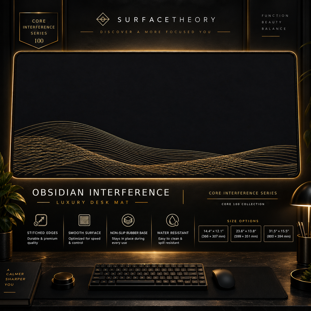 Obsidian Interference desk mat in a gold-toned showcase frame above a keyboard.