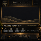 Obsidian Interference desk mat in a gold-toned showcase frame above a keyboard.