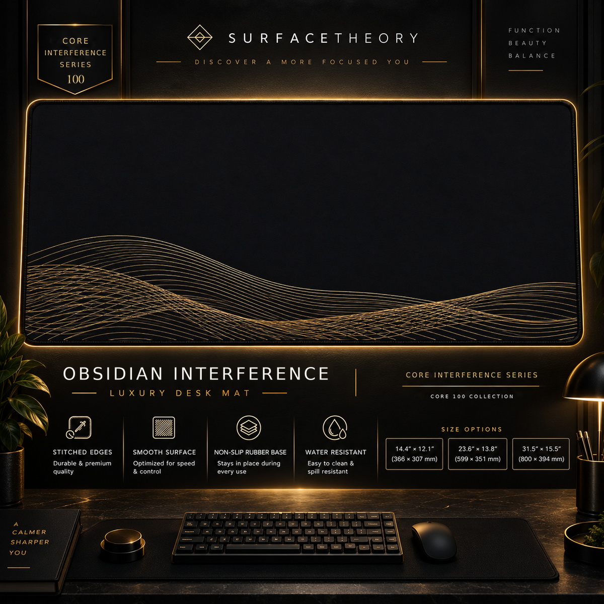 Obsidian Interference desk mat in a gold-toned showcase frame above a keyboard.