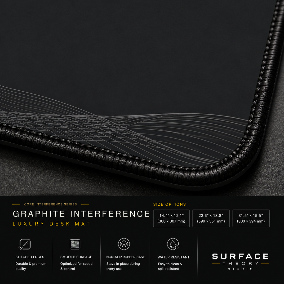 Close-up of Graphite Interference printed artwork and black stitched corner.