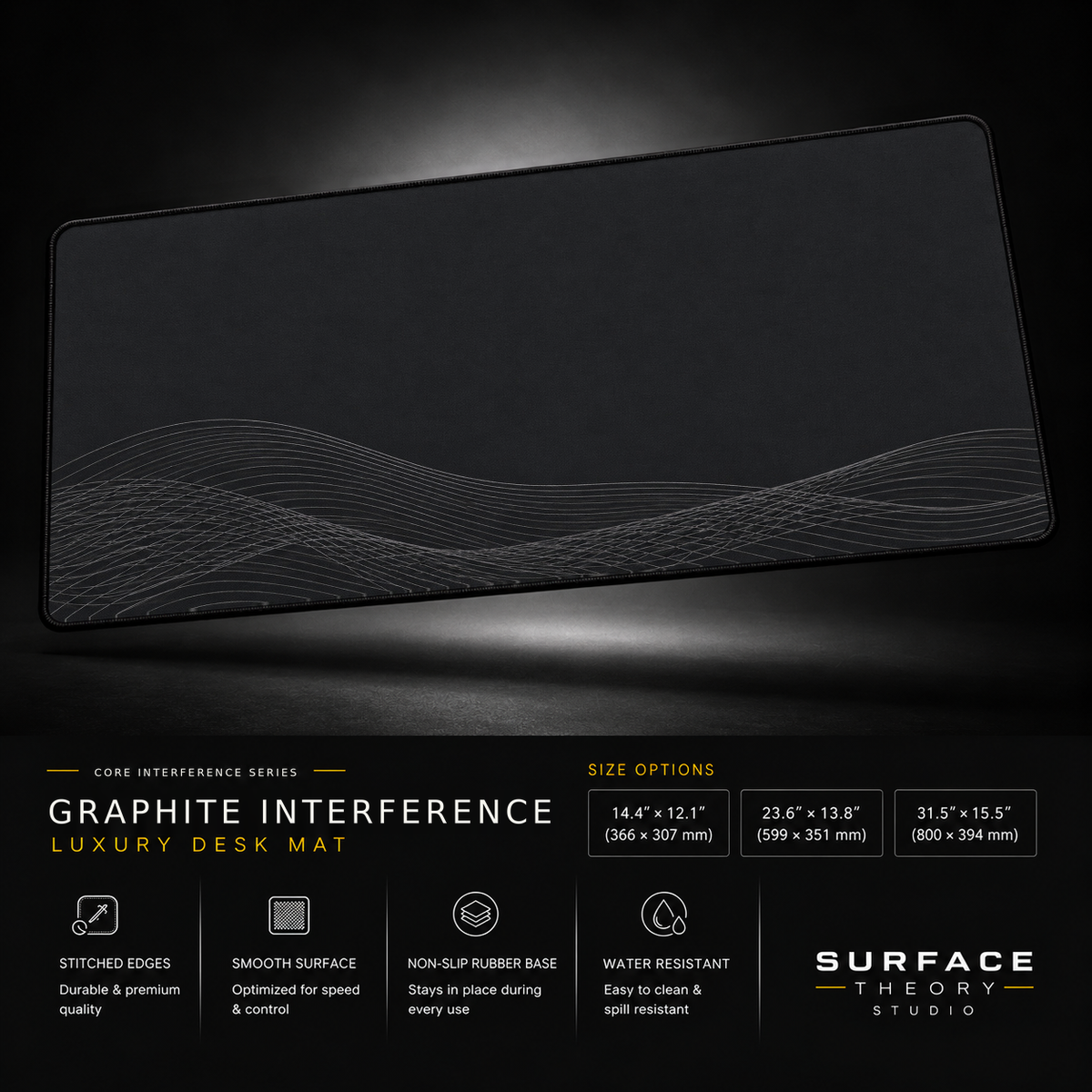 Graphite Interference desk mat floating against a dark studio background.