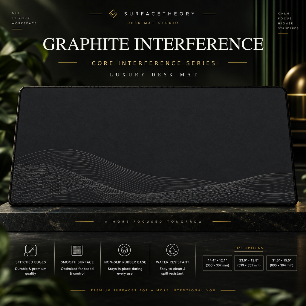 Graphite Interference desk mat on a studio display with size and product information.