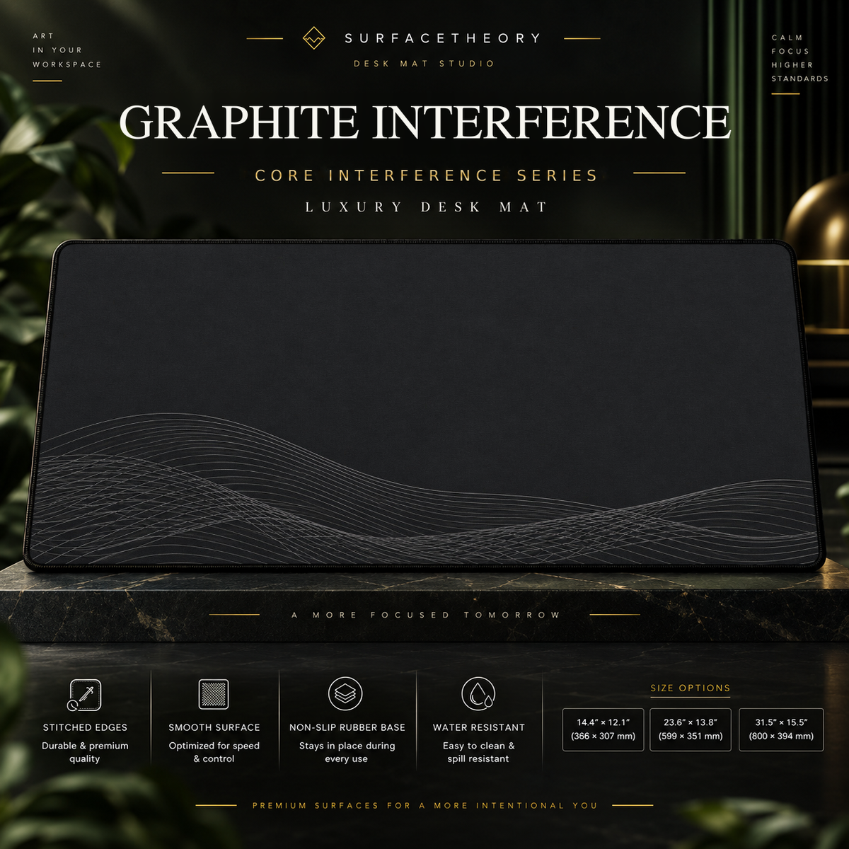 Graphite Interference desk mat on a studio display with size and product information.
