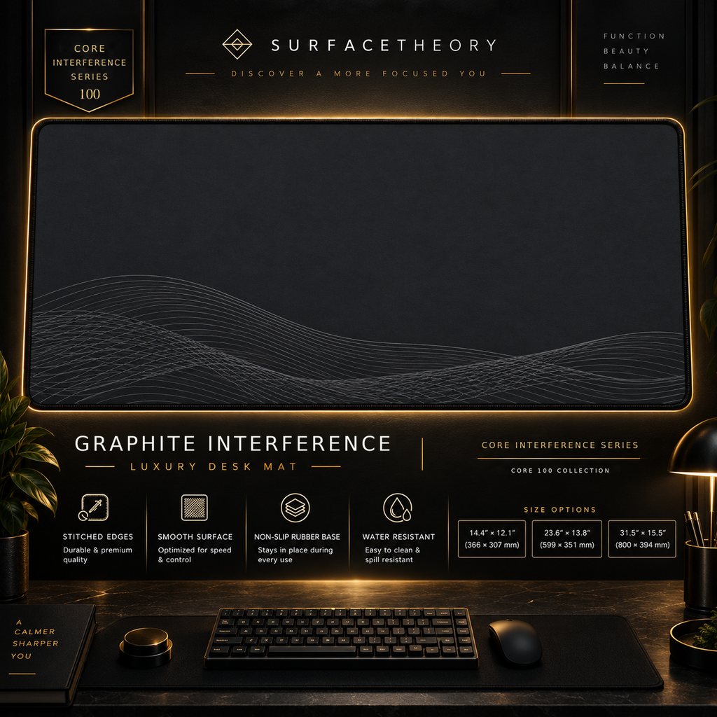 Graphite Interference desk mat in a gold-toned showcase frame above a keyboard.