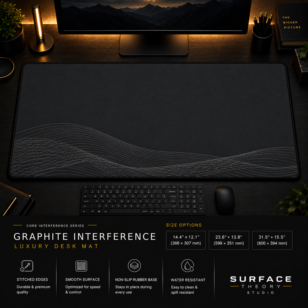 Graphite Interference desk mat in a dark workstation with warm monitor lighting.