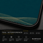 Close-up of Teal Interference printed artwork and black stitched corner.