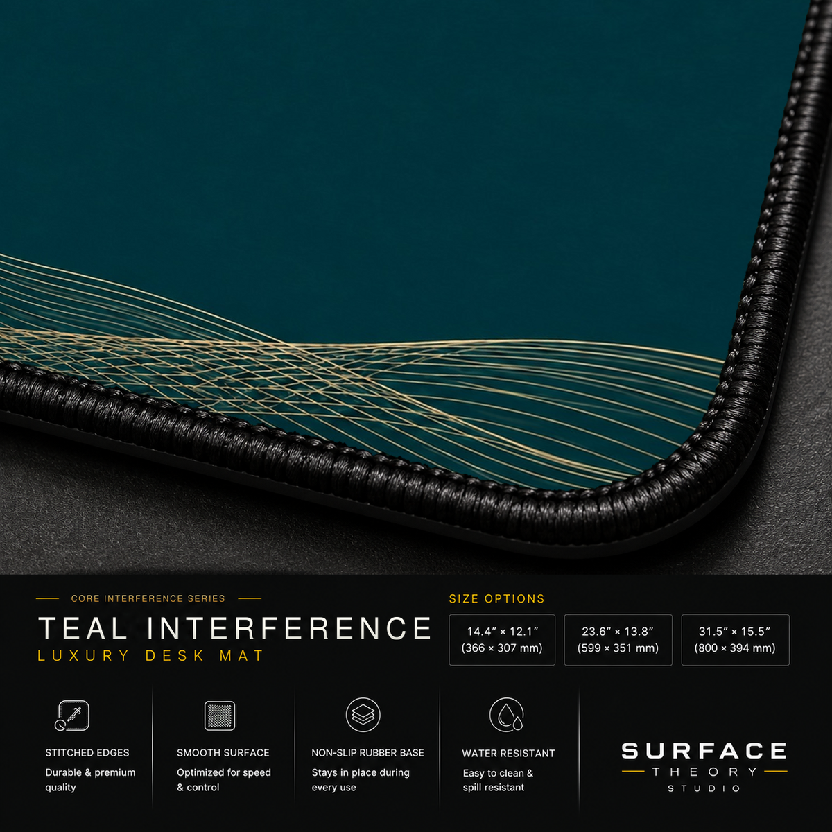 Close-up of Teal Interference printed artwork and black stitched corner.