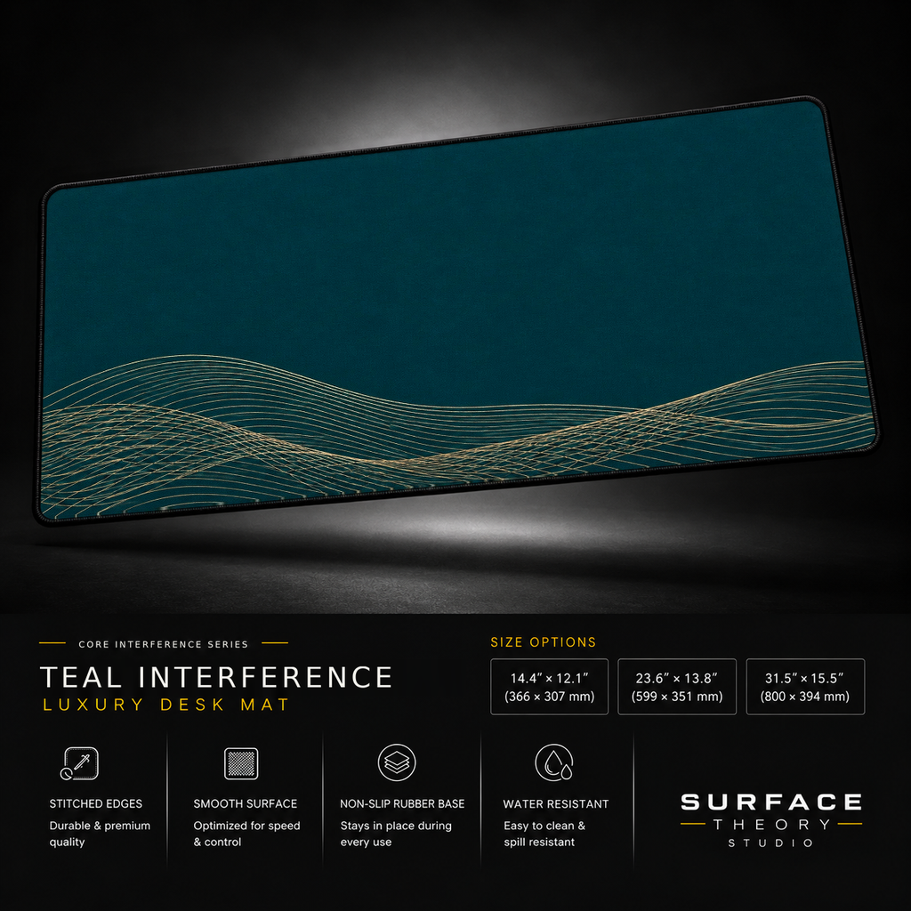 Teal Interference desk mat floating against a dark studio background.