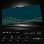Teal Interference desk mat floating against a dark studio background.