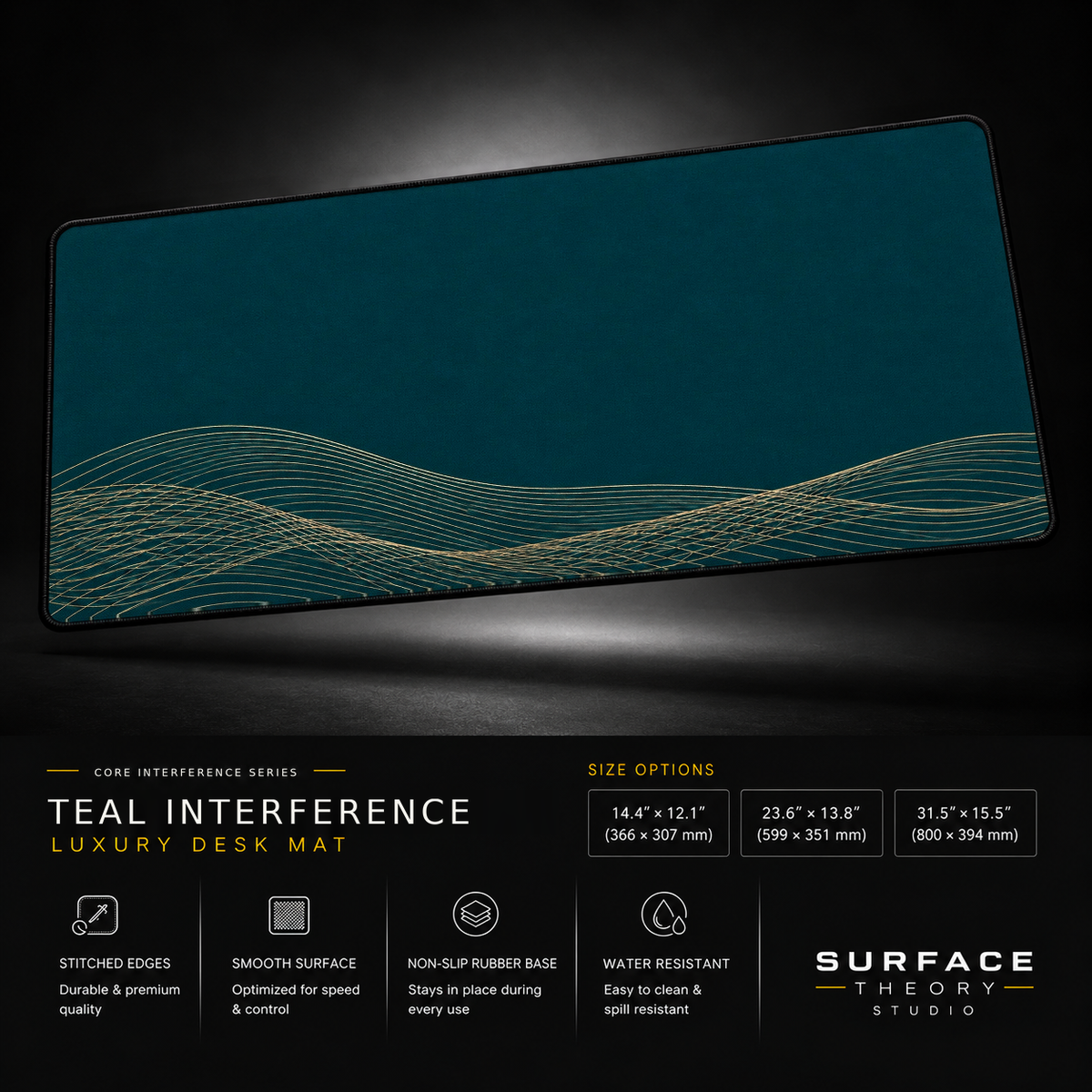 Teal Interference desk mat floating against a dark studio background.