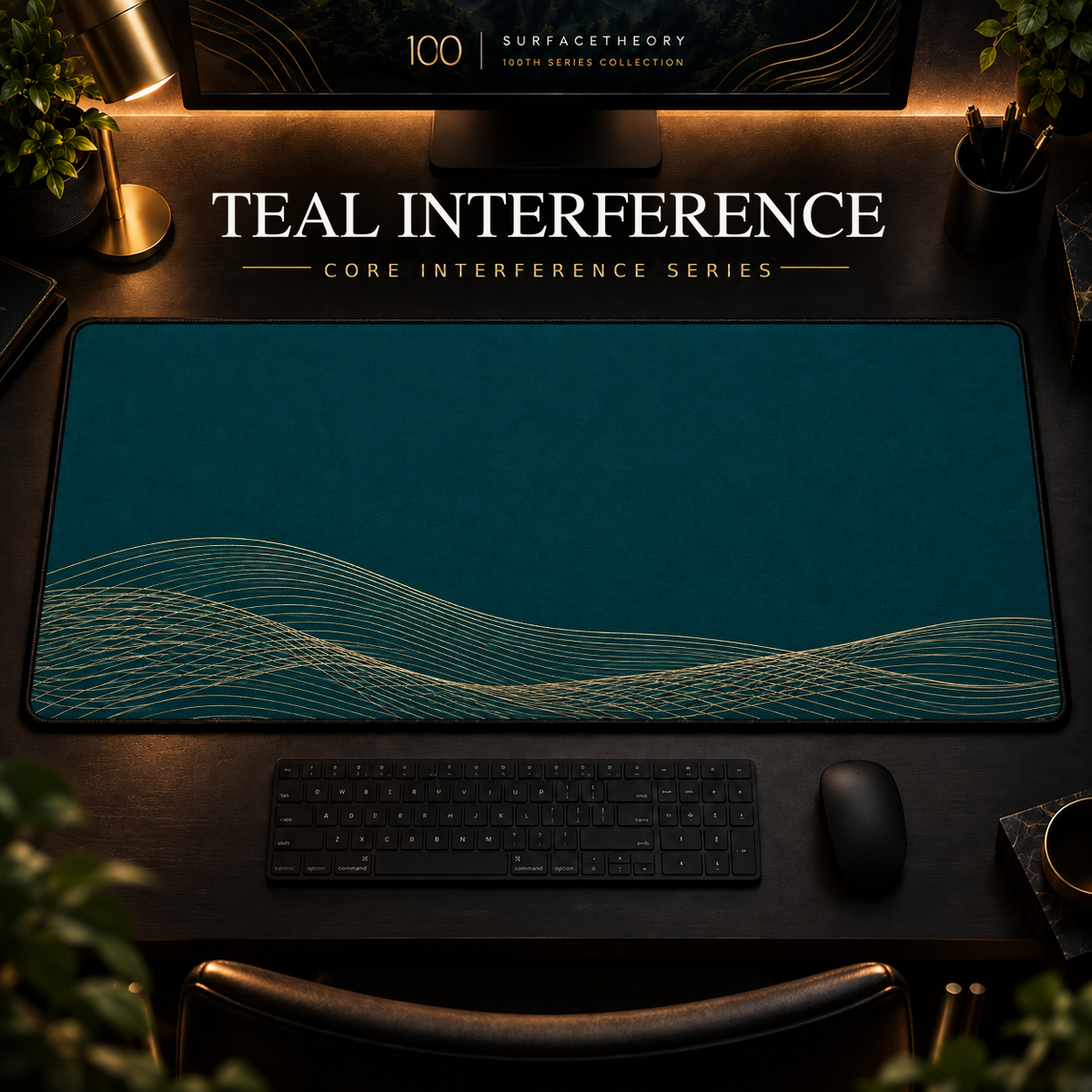 Teal Interference desk mat, deep teal with overlapping champagne-toned curves along the lower edge, in a warm, dark workspace.