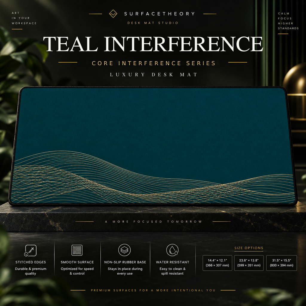 Teal Interference desk mat on a studio display with size and product information.