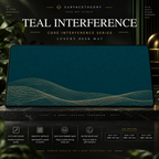 Teal Interference desk mat on a studio display with size and product information.