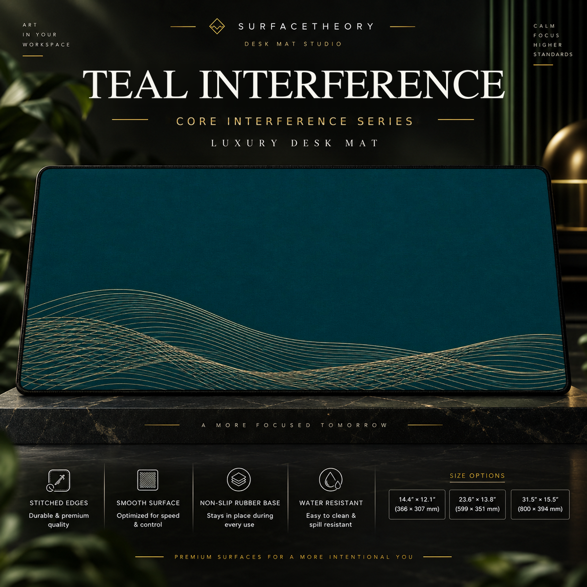 Teal Interference desk mat on a studio display with size and product information.