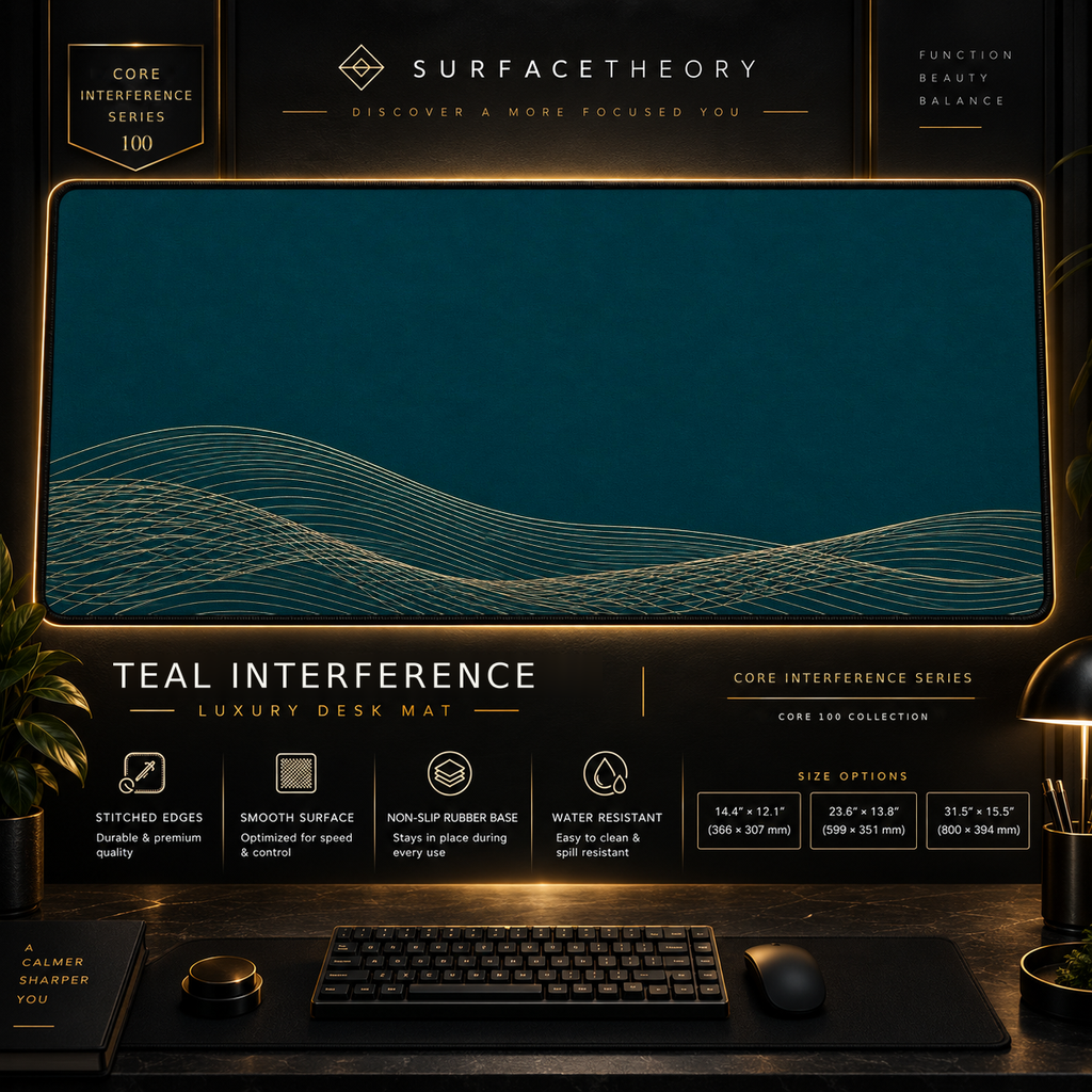 Teal Interference desk mat in a gold-toned showcase frame above a keyboard.